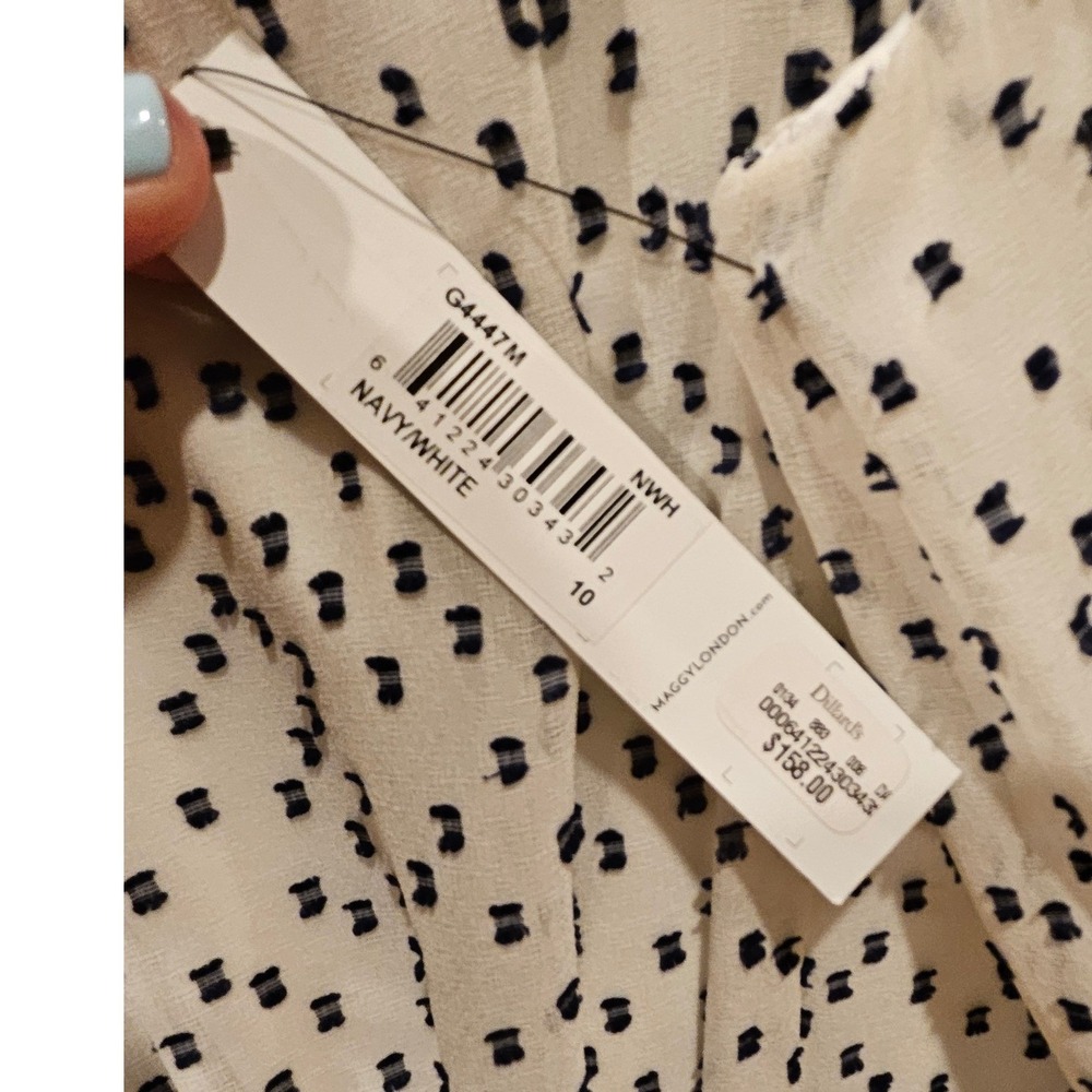 NEW Maggy London Navy White Clip Dot V-Neck Midi Dress Womens 10 NWT - Picture 3 of 4